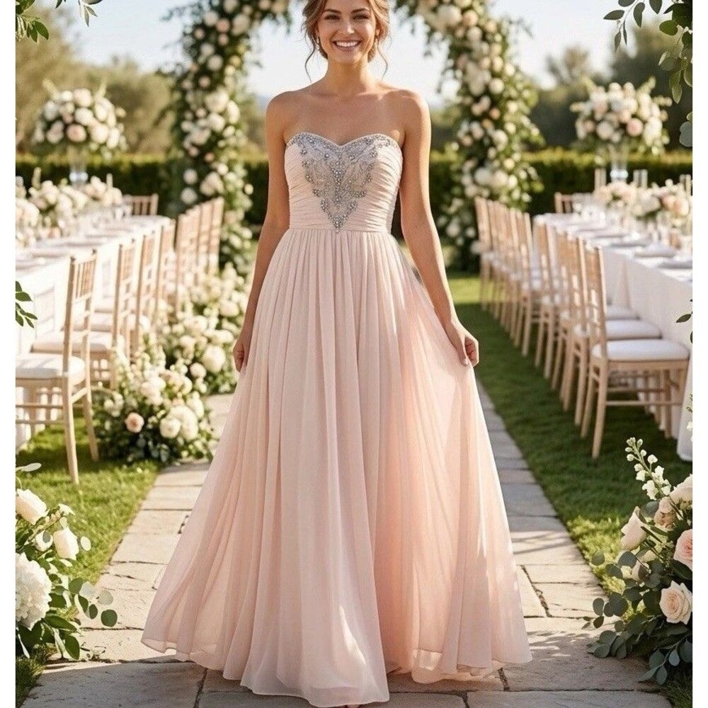 Pearl by Marchesa NWT Chiffon Maxi Dress Beaded Bodice Nude Pink Size 8 $110